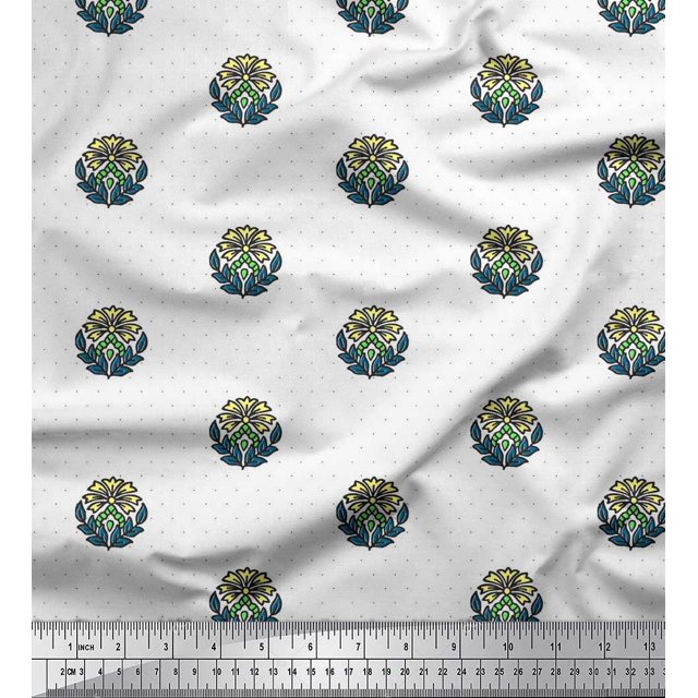 Soimoi Rayon Fabric Dot,Leaves & Floral Block Printed Fabric 1 Yard 42 Inch Wide