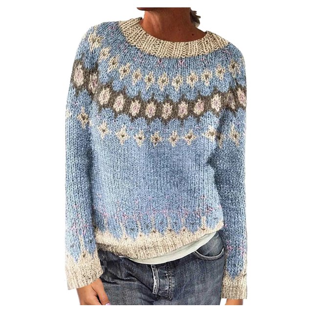 Fartey Chandail Fair Isle Vintage d'Automne pour Femmes, Décontracté, Ample, à Manches Longues, Col Ras du Cou, Tricoté, Chandail, Hauts, Automne Hiver, Chaud, Chandail, en Liquidation, Bleu Pâle, P-2TG
