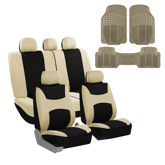 FH Group Car Seat Covers Full Set with Trimmable Vinyl Floor Mats, Flat Cloth