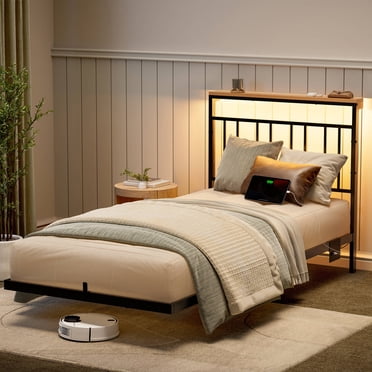 GUNAITO Floating Bed Frame Twin Size with LED Lights and Charging Station Modern Metal Platform,Black