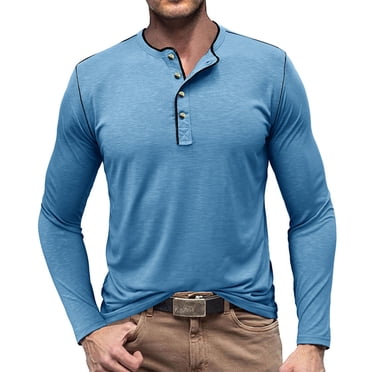 DDAPJ pyju Chemises Henley en Coton pour Hommes Classiques T-shirts à 4 Boutons Coupe Régulière Décontracté Affaires Chemise à Manches Longues Sans Col Chemises de Golf Offres à Durée Limitée d'Aujourd'hui Bleu Pâle m