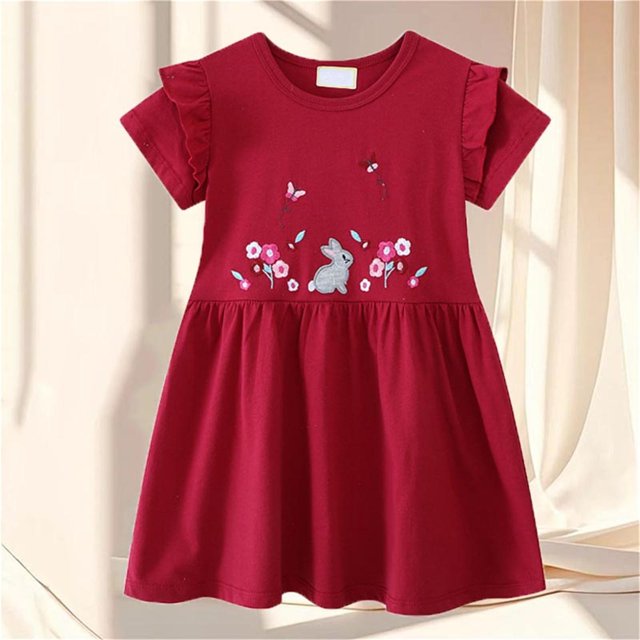 LOVZFMLL Girls' Summer Short Sleeve Ruffled Lace Round-Neck Embroidery Mesh Princess Bow Skirt