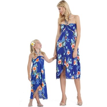 Matching Hawaiian Luau Mother Daughter Halter Dress in Hibiscus Blue