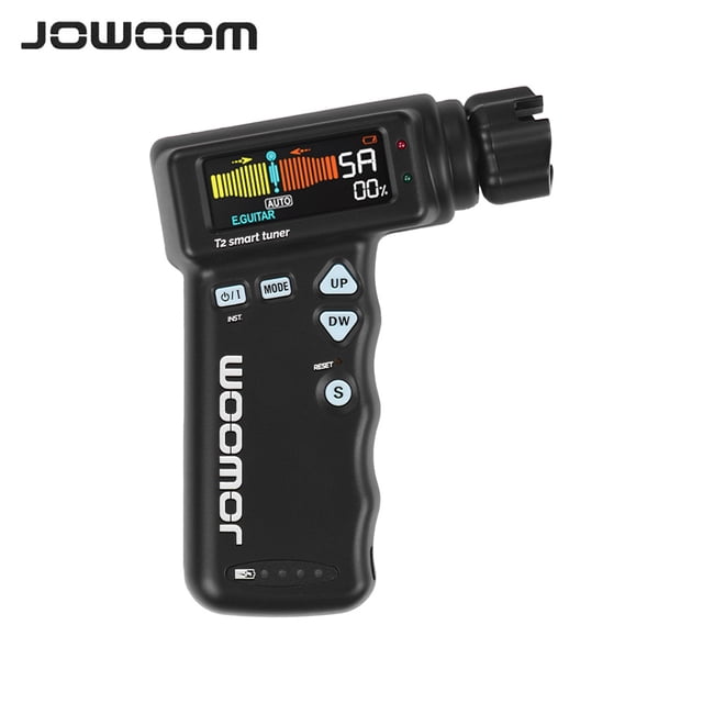 JOWOOM T2 multi-functional smart guitar tuner and string winder in black, designed for guitars and ukuleles. Features a colourful LCD display for chromatic tuning, battery level, and string information. Includes buttons for mode selection, string winding, and tuning adjustments. Powered by a rechargeable lithium battery.