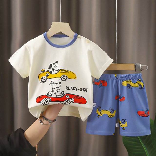 Shorts en Coton pour Garçons Ensemble Deux Pièces Été Coton Imprimé T-Shirt à Manches Courtes Col Rond + Shorts