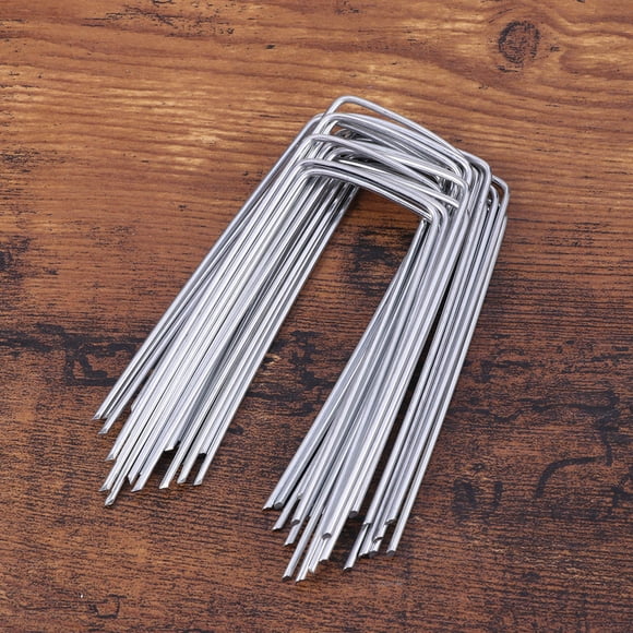 FELTECHELECTR 50PCS U Shaped Ground Stakes Galvanized Metal Anchoring Garden Use Silver