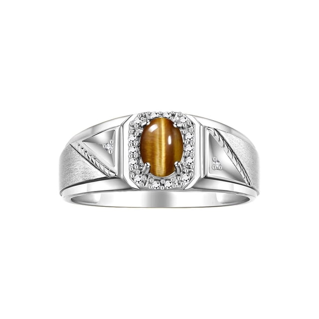 RYLOS Men's Rings 14K White Gold Classic 7X5MM Oval Gemstone & Diamond Ring Tiger Eye November Birthstone Rings For Men Size 8