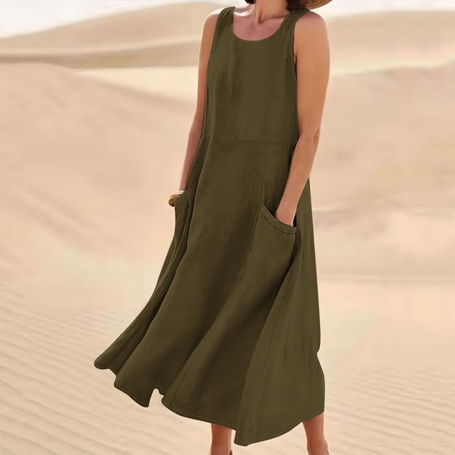 Meichang Robe Longue d'Été en Coton et Lin pour Femme Sans Manches à Encolure Dégagée, Coupe Évasée, Ample, Confortable, Décontractée, avec Poches