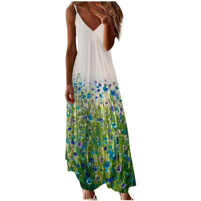 Robe Maxi à Imprimé Floral pour Femmes Sans Manches, Robes d'Été Décontractées, Col en V, Bretelles Spaghetti, Longue Robe Soleil
