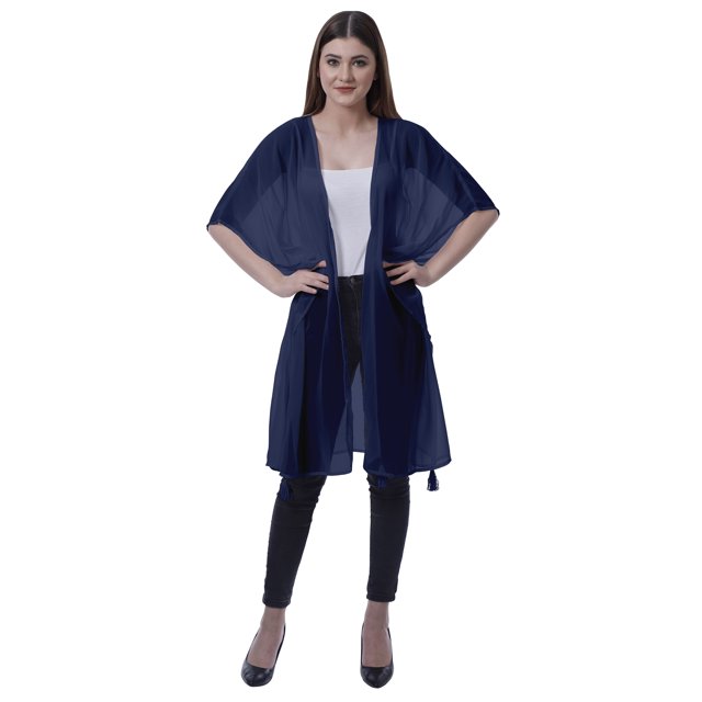 Moomaya Boléro en Georgette pour Femmes, Ouvert à l'Avant, Long et Transparent, avec Pompons