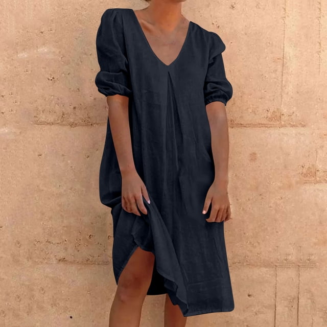 Liquidation d'Été 2025! Robe pour Femme Grande Taille, Liquidation de Robes d'Été pour Femmes, Combinaison d'Été pour Femme en Coton et Lin à Manches Courtes, Col en V, Manches Courtes, Jupe Longue