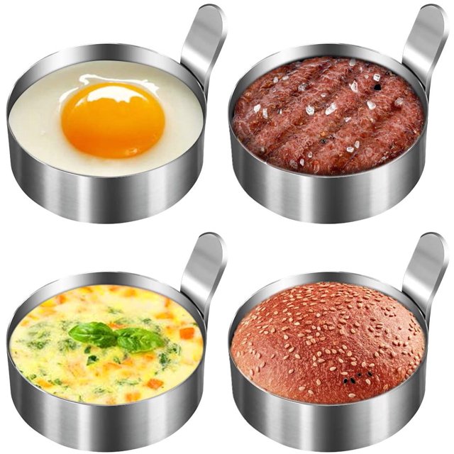 Lingdii Egg Ring, 304 stainless steel egg molds with handles, shown in a set of four. Designed for shaping eggs, pancakes, omelets, and biscuits, the rings are ideal for egg tools and kitchen gadgets. The image features examples of food including a fried egg, burger patty, omelet, and sesame bun inside the rings. Includes heat-resistant silicone mitts for safe handling.