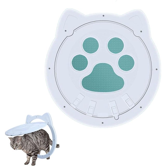 Cat Window Door by DEANDAWN, a durable pet door made of high-quality ABS material, designed for interior doors. Features a circular design with a cat-ear-shaped frame and a paw-shaped mesh center. The inner diameter is 8.6 inches, suitable for cats under 30 pounds. Includes screw installation for secure mounting, ensuring no noise or gaps. Ideal for laundry rooms, bedrooms, and basements, allowing cats to move freely while preventing larger dogs from accessing restricted areas.