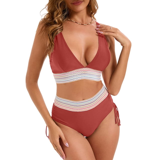 YUTK Womens Bathing Suits - Women's Bikini High Waisted Split Color Suit with Drawstring Gathered Abdominal Swimsuit Red Xxl