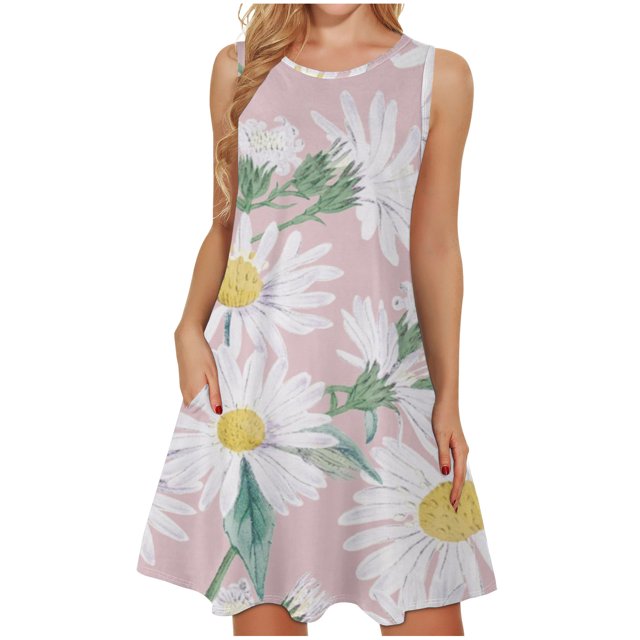 EQWLJWE Longue Robe pour Femmes Femmes Mode Col Rond Sans Manches Lettre Décontractée Poche Imprimé Longue Robe Maxi