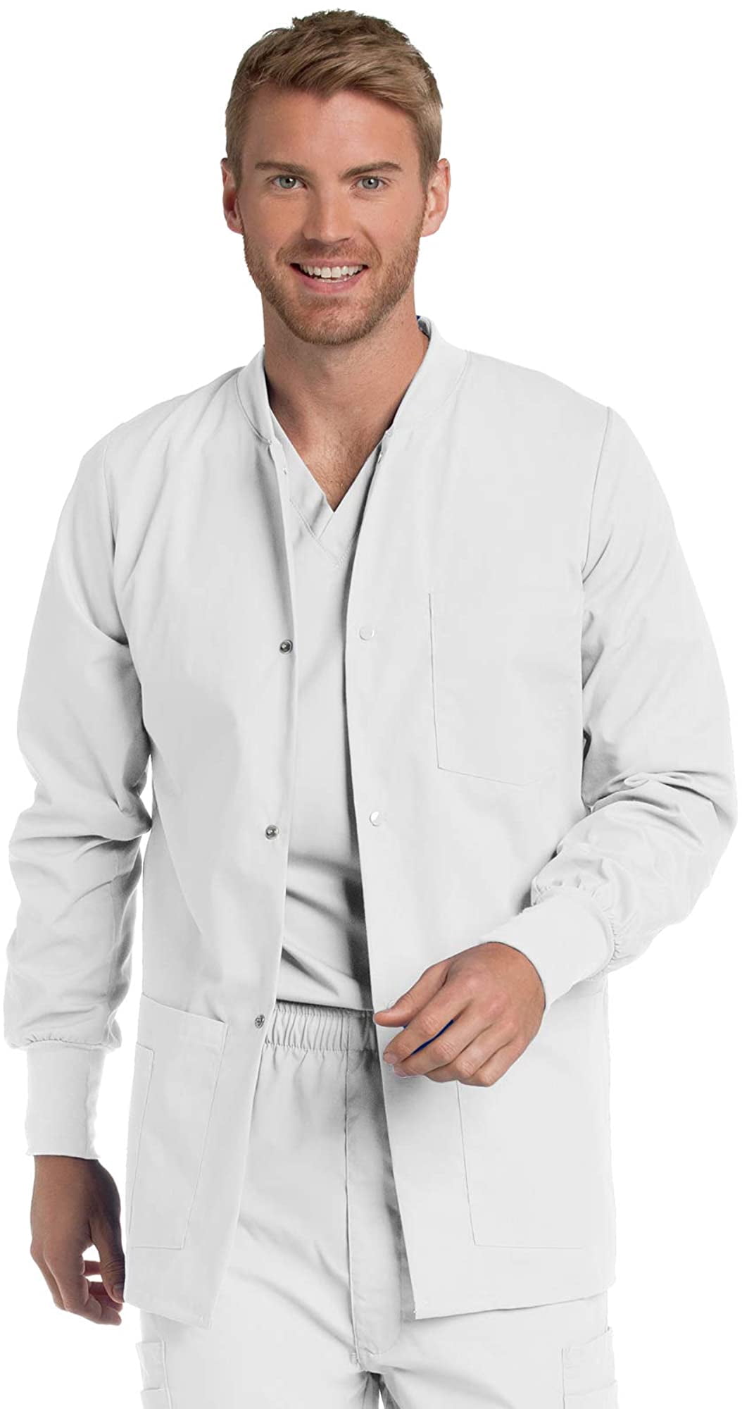 Landau Mens 5-Pocket, Classic Relaxed Fit, Crew Neck, Snap Front, Warm-up Scrub Jacket 7551