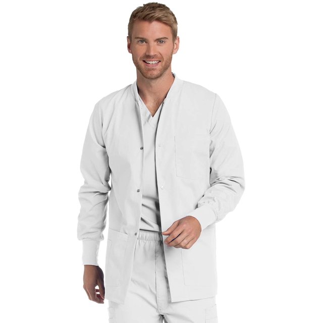 Landau Mens 5-Pocket, Classic Relaxed Fit, Crew Neck, Snap Front, Warm-up Scrub Jacket 7551