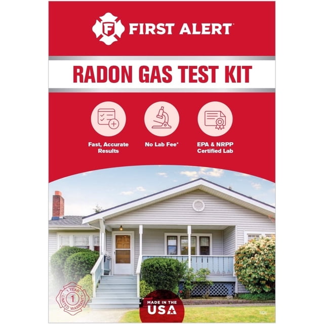 First Alert Radon Gas Test Kit, RD1 packaging with a red and white design, showcasing icons for fast, accurate results, no lab fee, and EPA & NRPP certified lab. A suburban home image highlights its use for residential radon detection and home safety.
