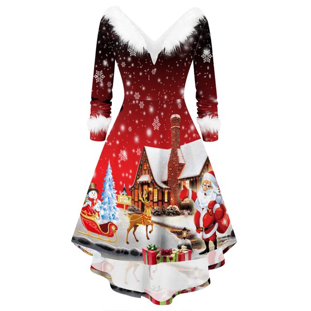 HKEJIAOI Robe Femme Robe Femme Manches Longues Noël Imprimée Duveteuse Col en V Dos Nu Robe Évasée Économies Liquidation Noir