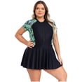 thumbnail image 3 of MSemis Maillot Dermoprotecteur une Pièce pour Femmes, Fermeture Éclair devant, Robe de Bain à Manches Courtes, Maillot de Bain à Séchage Rapide, Feuilles Noires, 4TG, 3 of 7