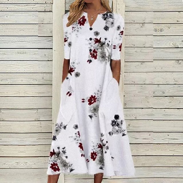 Babysbule Liquidation Robes d'Été pour Femmes Robes d'Été Décontractées pour Femmes Col en V Manches Courtes Imprimées avec Poche