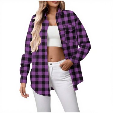 NTACZA Manteaux Boutonnés pour Femmes Chandail Violet Surchemise Surdimensionnée Confortable Décontractée Chemises à Carreaux Veste pour Femmes G