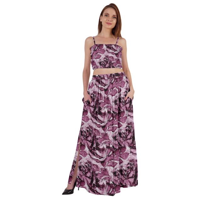 Bimba 2 Pcs Robe de Plage Sexy pour Femmes Imprimée Smockée Crop Top & Longue Jupe Ensemble
