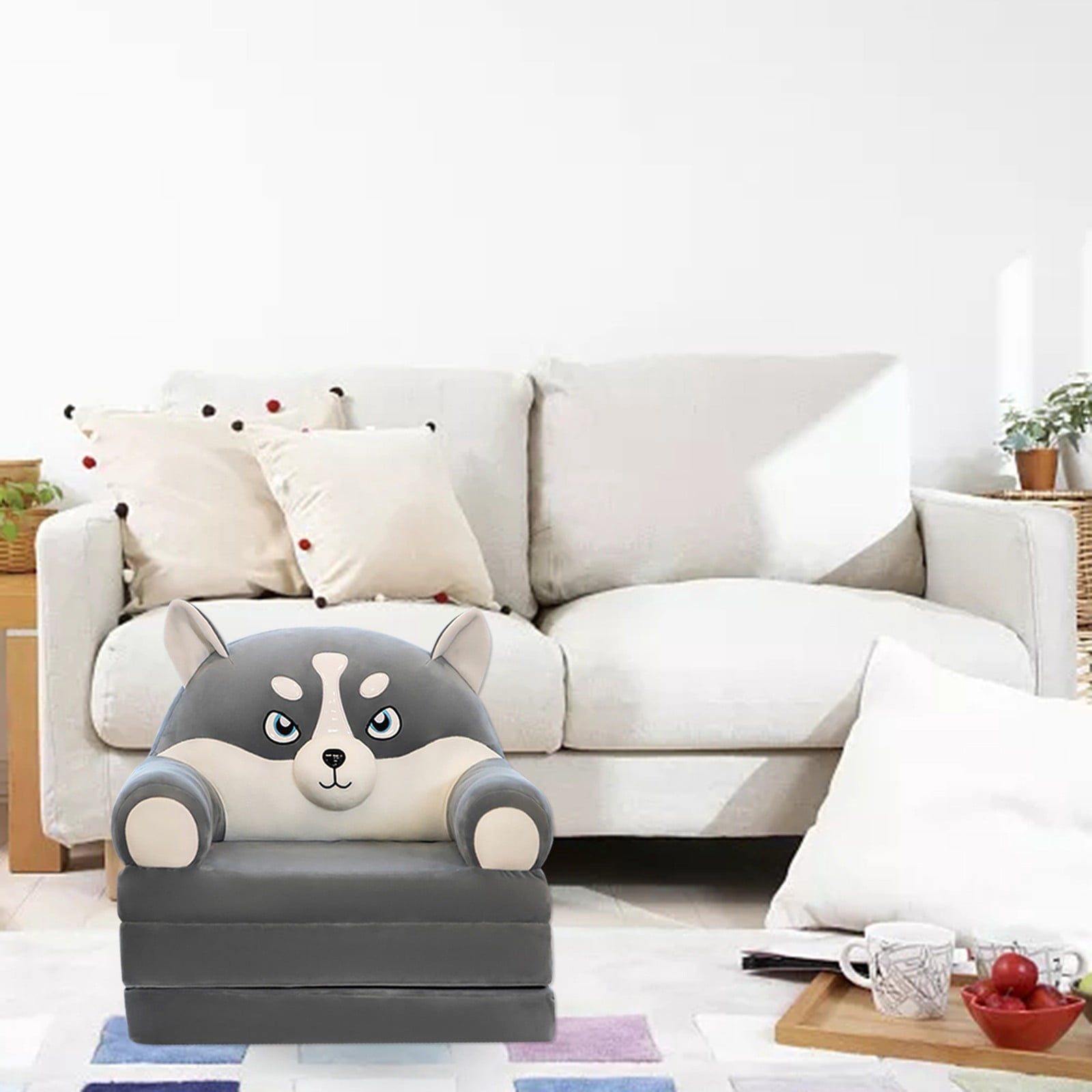 WIFKLSIIPG Plush Foldable Kids Sofa Backrest Armchair 2 in 1 Foldable Children Sofa Cute Cartoon Lazy Sofa Children Flip Open Sofa Bed for Living Room Bedroom Without Liner Filler(Gray)
