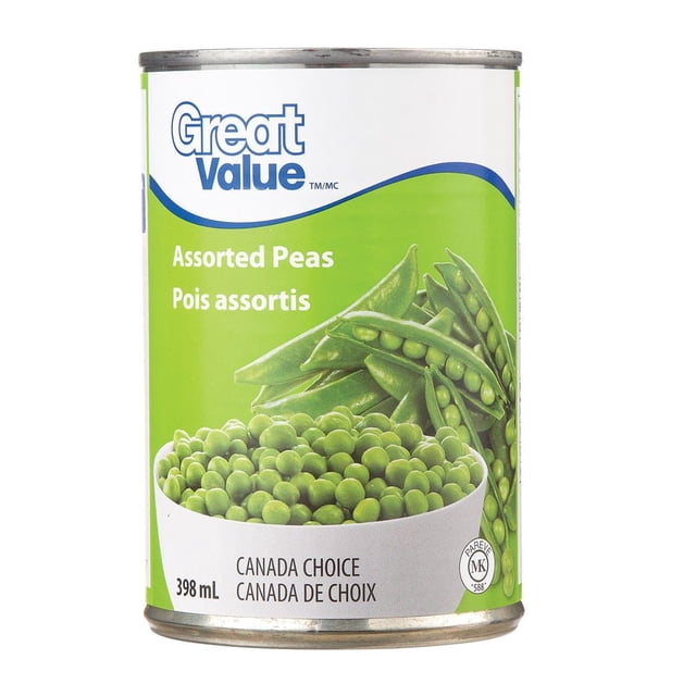 Great Value Assorted Peas canned vegetables in a 398 mL metal can with a green and white label showing a bowl of green peas and pea pods, labeled Canada Choice, a source of vitamin A and high in fibre, ideal for adding to soups and salads.