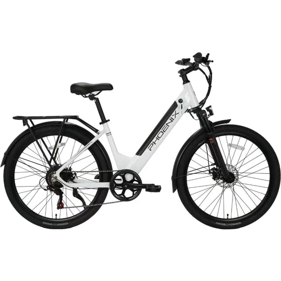 Phoenix Step-Thru 27,5 po Suspension Avant Vélo Électrique Adulte 350W 36V/10,4Ah Shimano 7 Vitesses Freins à Disques Certifié UL2271/UL2849, Autonomie : 25 à 40 Miles