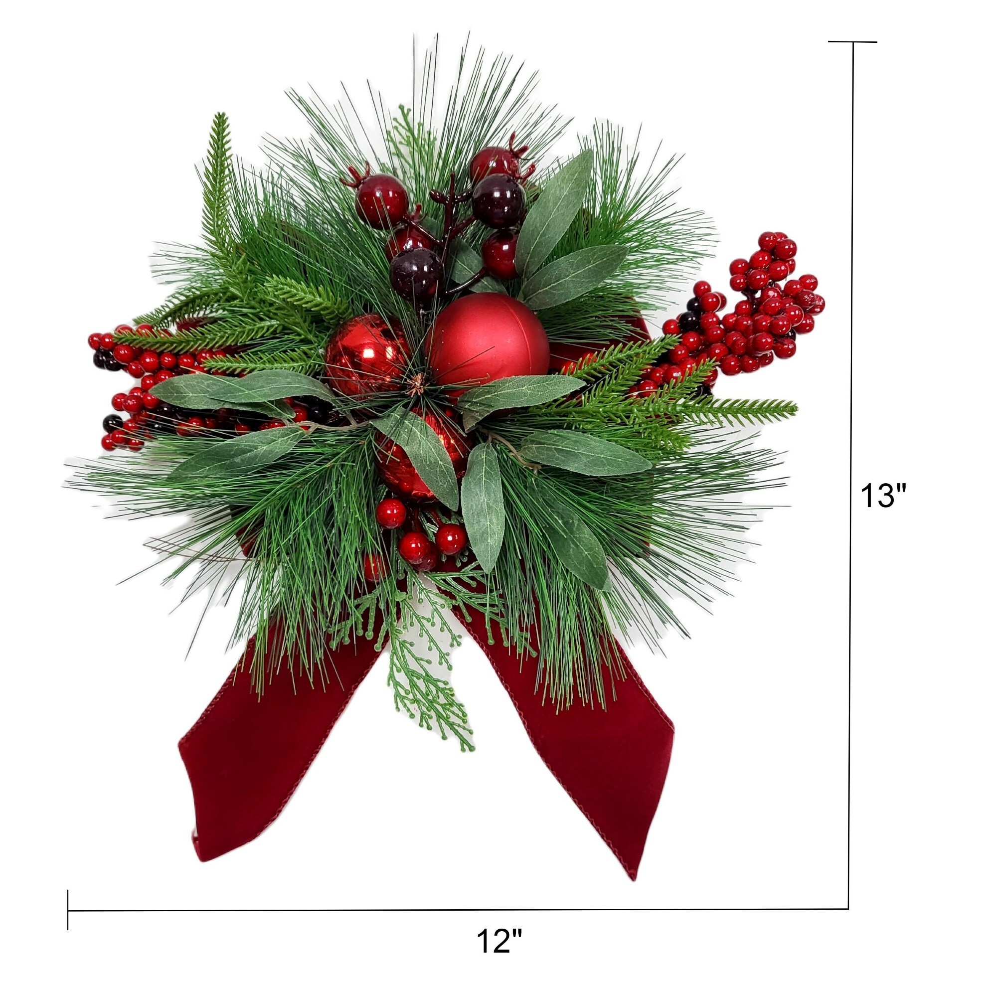 Boucle de Noël florale avec boules rouges et baies, 13 po, par Holiday Time