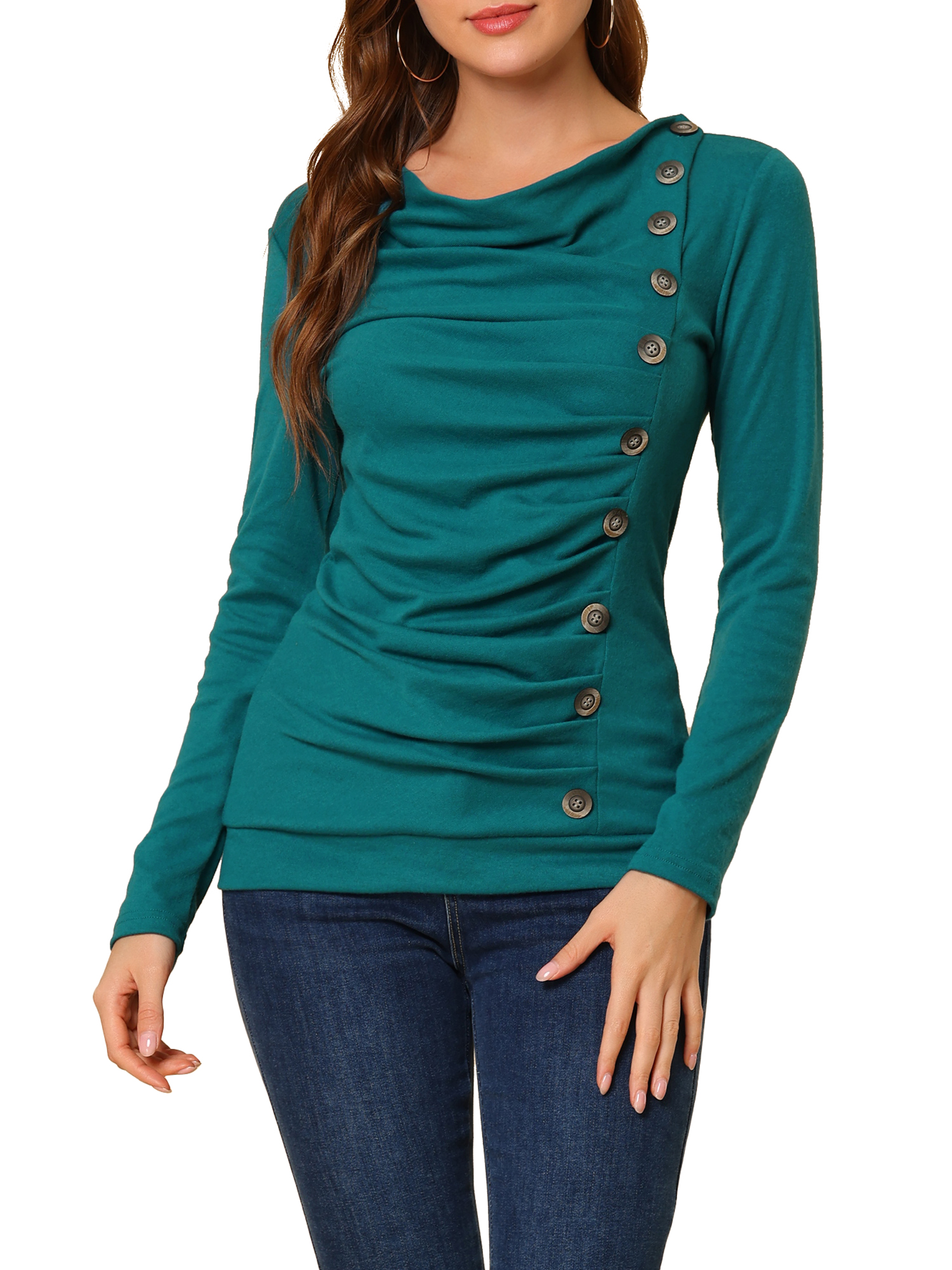 INSPIRE CHIC Haut à Col Bénitier pour Femme à Manches Longues, Décor de Boutons, devant Froncé, Coupe Régulière, Chandail à Enfiler, TG Bleu Vert