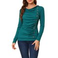thumbnail image 1 of INSPIRE CHIC Women's Cowl Neck Long Sleeve Top Button Decor Ruched Front Regular Fit Pullover Top M Blue Green, 1 of 7