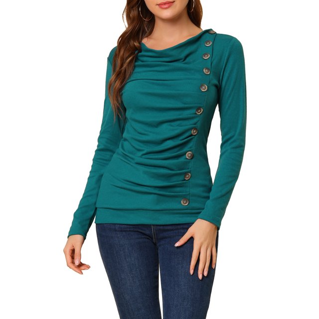 INSPIRE CHIC Women's Cowl Neck Long Sleeve Top Button Decor Ruched Front Regular Fit Pullover Top M Blue Green