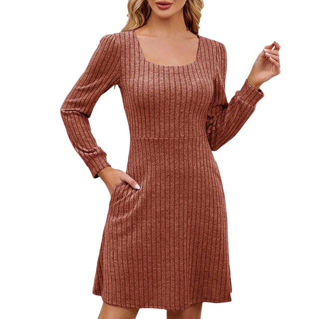 TJAZFJPA Robe d'Anniversaire pour Femmes Robe Pull en Tricot avec Poches Col Carré Manches Longues Robes Robes d'Été pour Femmes Grande Taille