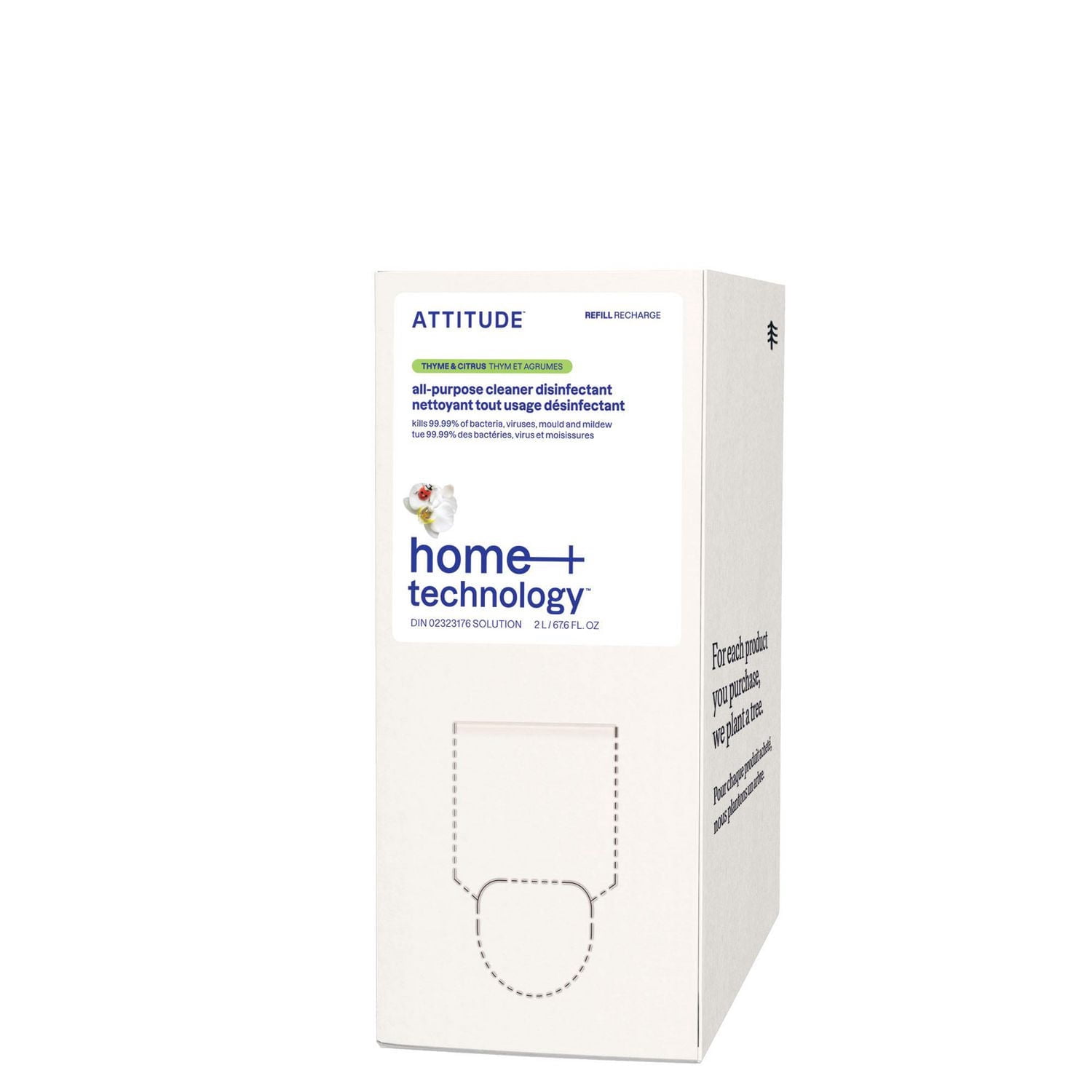 ATTITUDE home+ technology, Nettoyant Tout Usage Désinfectant 99.99 %, Recharge, Parfum de Thym & d'Agrumes, 2L
