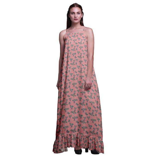 Bimba Robe Longue Maxi Imprimée Feuilles Florales & Roses Pêche2 pour Femmes Nuisette en Rayonne Bretelles Spaghetti Vêtements de Nuit pour Dames Petite