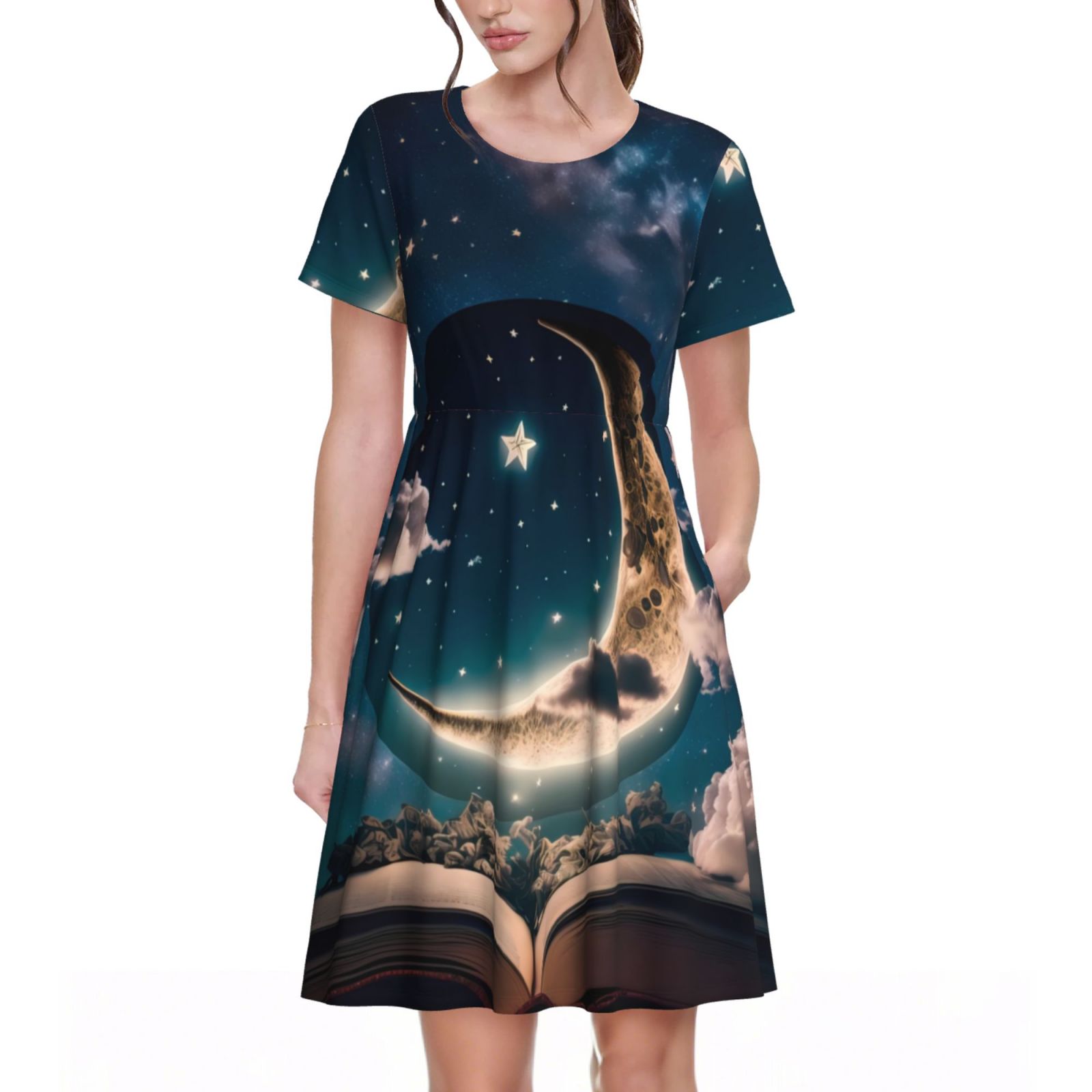 Wukai Robe à Manches Courtes Imprimé Ciel Étoilé Lune pour Femmes, Robe Décontractée Confortable, Mélange Spandex Doux, Tenue Élégante pour l'Été