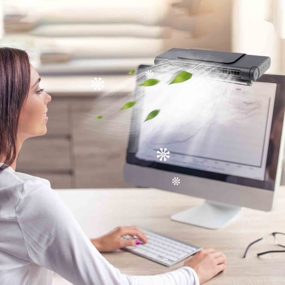Desktop Hanging Screen Fan with Bladeless Turbine | 26cm Extended Wind Duct for Wide Cooling | Adjustable Speed & Angle | Office Computer Monitor Fan with Eye Protection Light