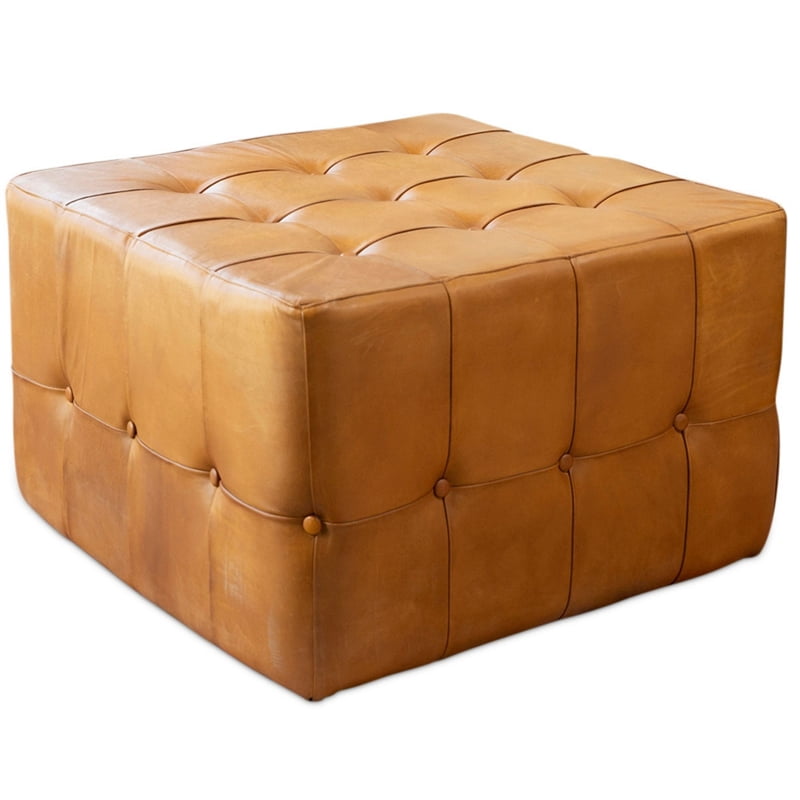Bumble Mid-Century Modern 30-inch Square Genuine Leather Ottoman inTan