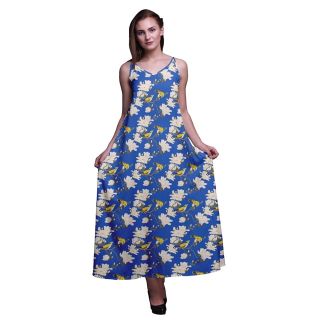 Bimba Rayon Bird Ladies Printed Backless Spaghetti Strap Long Maxi Evening Party Dress-XSmall