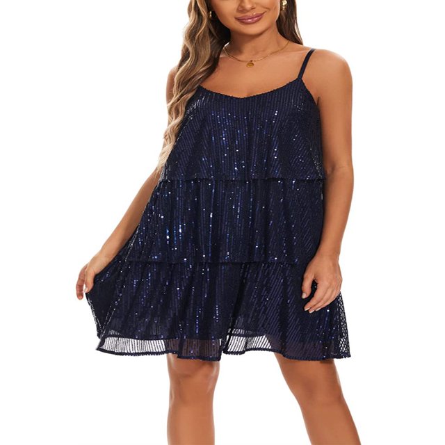MesaSe Robe Gâteau à Volants Superposés pour Femmes, Paillettes, Bretelles Spaghetti, Mini-Robe Dos Nu, Robe Camisole de Fête et de Danse
