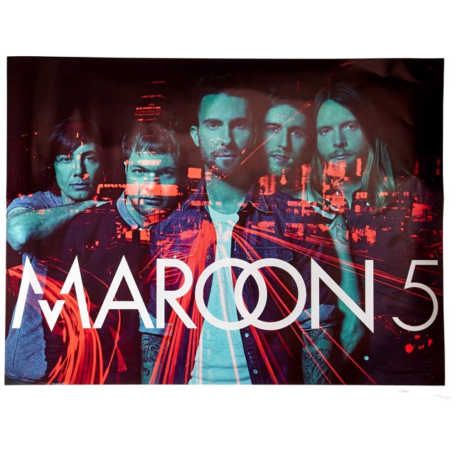 777 Tri-Seven Entertainment Maroon 5 Poster Music Art Print showcasing bold red and blue hues with the band name 'Maroon 5' in striking white text. This 24x18-inch unframed poster is perfect for fans, collectors, and wall art enthusiasts, suitable for framing and enhancing home or office décor. Delivered in a square or circle tube for secure shipping.