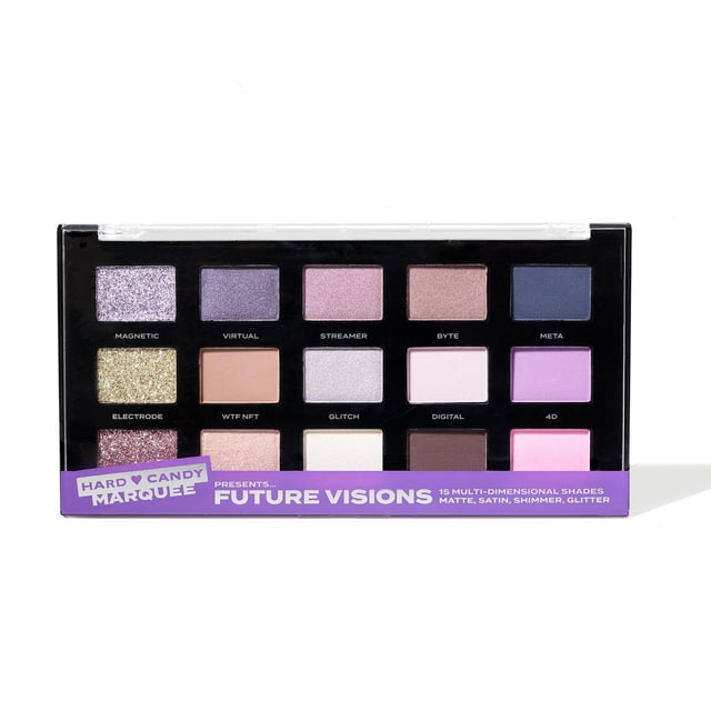 Hard Candy Marquee Shadow Palette Future Visions with 15 multi-dimensional eyeshadow shades in a black rectangular compact with clear lid, featuring matte, satin, shimmer, and glitter finishes in purple, gold, pink, brown, and blue tones, each shade named and shown with purple branding strip.