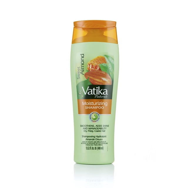 Dabur Vatika Sweet Almond Moisturizing Shampoo in a 400ml light green bottle with an orange flip cap, featuring almond, honeycomb, and leaf graphics, formulated to nourish and hydrate dry, frizzy, coarse hair for smoothness and shine with natural extracts, also suitable for scalp hydration.