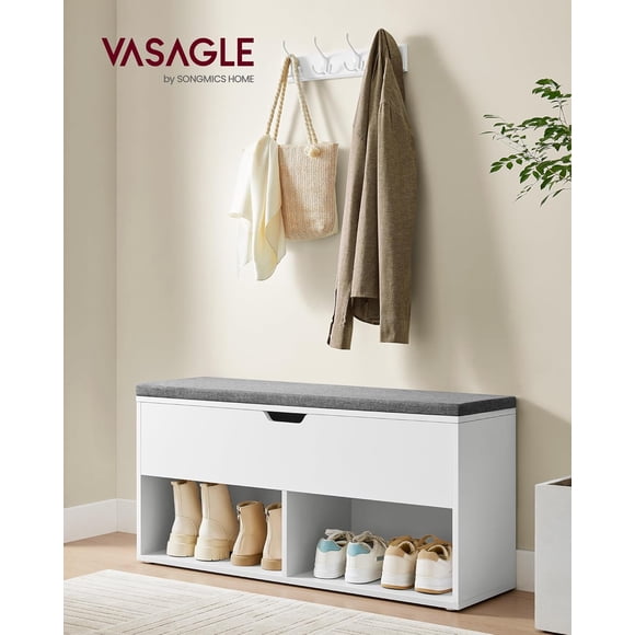 VASAGLE Banc à Chaussures, Banc de Rangement avec Compartiments, Étagère à Chaussures Siège Rembourré, Blanc et Gris