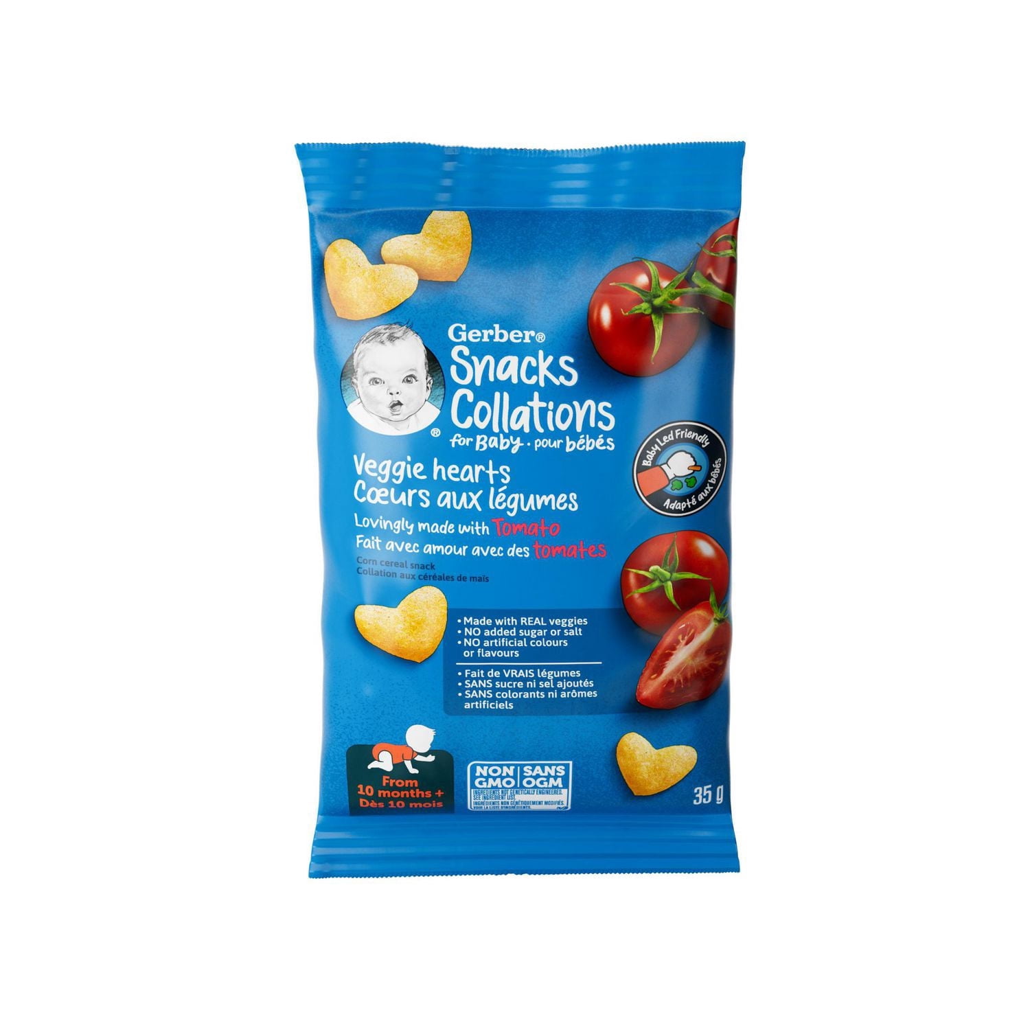 GERBER Cœurs aux légumes à la tomate, collations pour bébés, dès 10 mois, source de vitamine B1, de fer et de zinc, 3 g de grains entiers, sans colorants ni arômes artificiels, sans suc