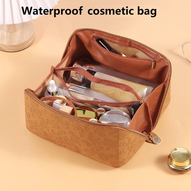 YAOMOBB Makeup Storage Pouch Great Capacity Travel Toiletry Storage Tool Faux Leather Makeup Brush Holder with Handle