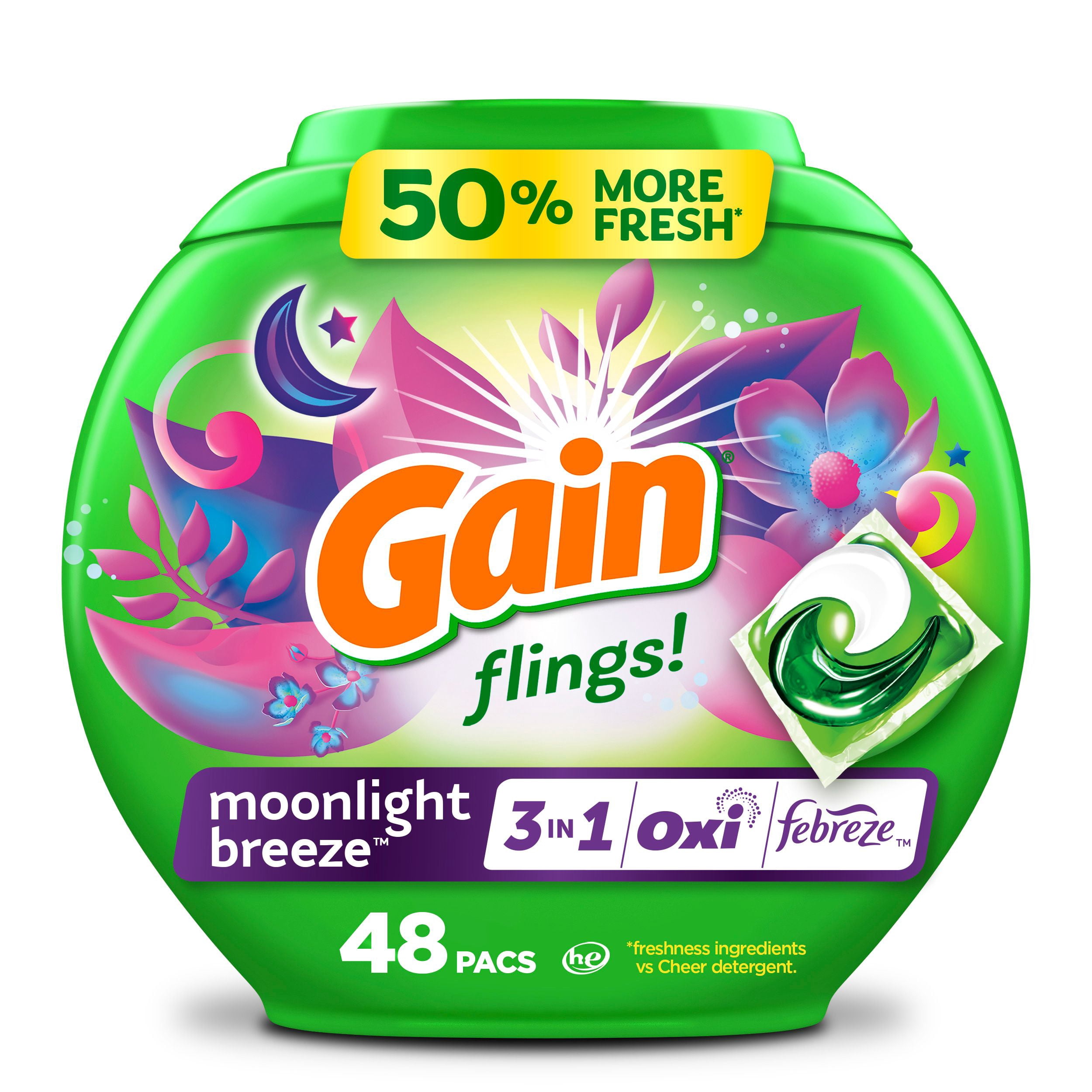 Gain Flings Laundry Detergent Pacs, 48 Count, Moonlight Breeze Scent, with Odor Defense