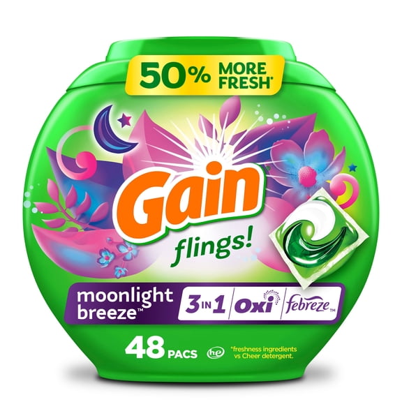 Gain Flings Laundry Detergent Pacs, 48 Count, Moonlight Breeze Scent, with Odor Defense